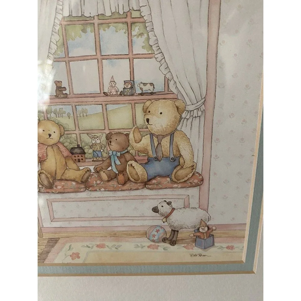 Country bears wood framed art print quilting room pastels signed nursery cottage